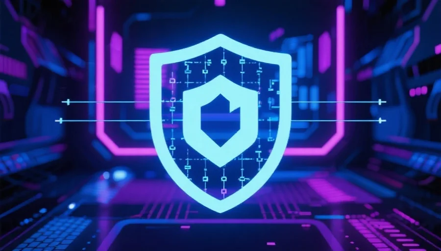 网络安全盾牌图标覆盖在抽象电竞平台界面上，象征数据加密与高安全性